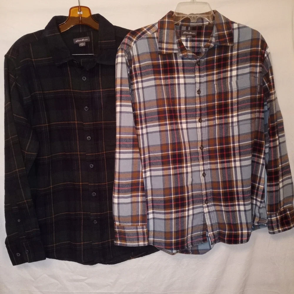 Eddie Bauer Flannel Shirts Mens Sz L Long‎ Sleeve Button Up Green Blue Plaid 2